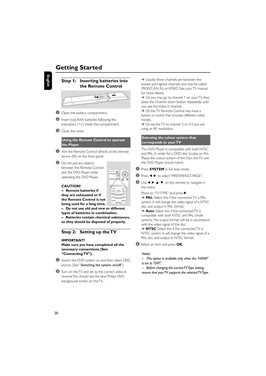 Philips MCD908/37 owner manual Getting Started, Inserting batteries into the Remote Control, Setting up the TV 