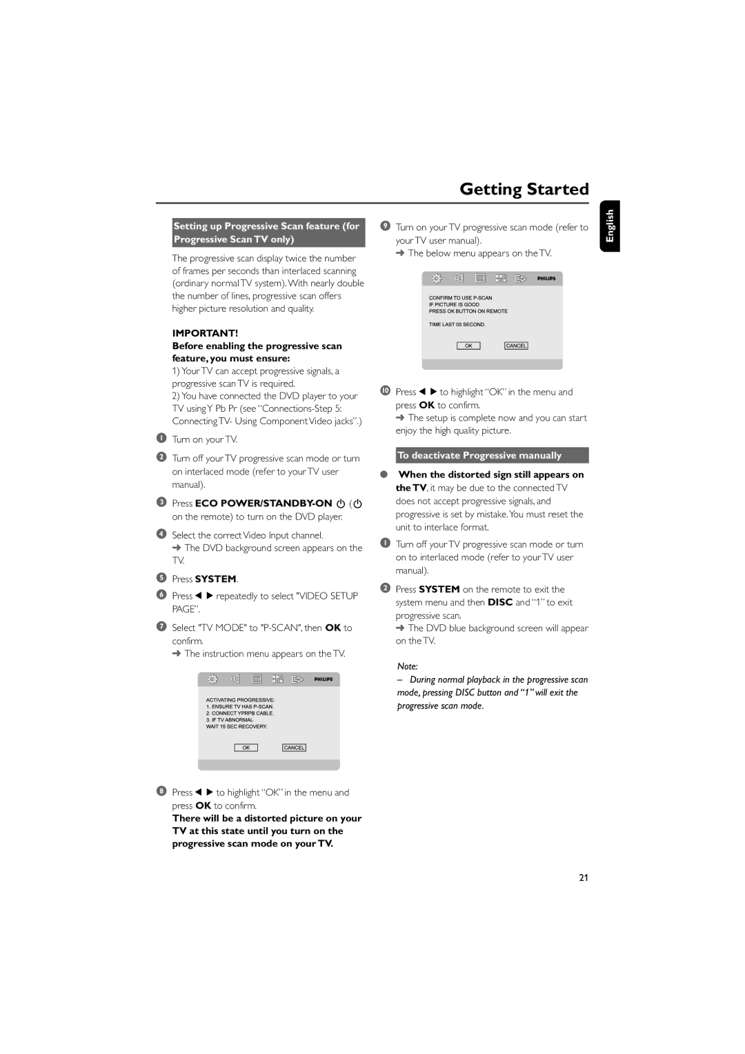 Philips MCD908/37 owner manual To deactivate Progressive manually 