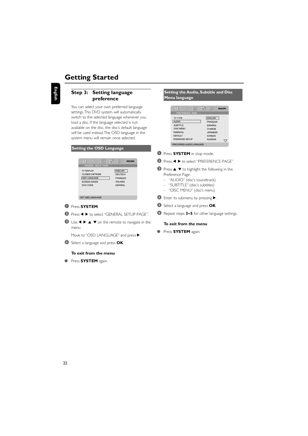 Philips MCD908/37 owner manual Setting language preference, Setting the OSD Language, To exit from the menu 