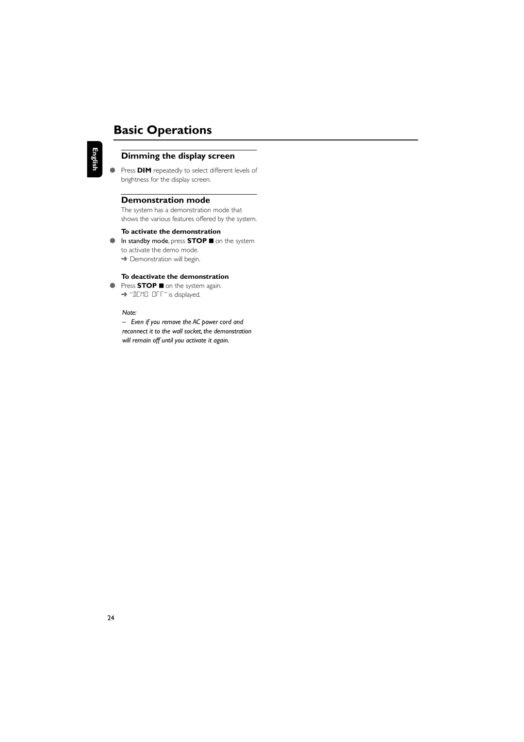 Philips MCD908/37 owner manual Dimming the display screen, Demonstration mode, To activate the demonstration 