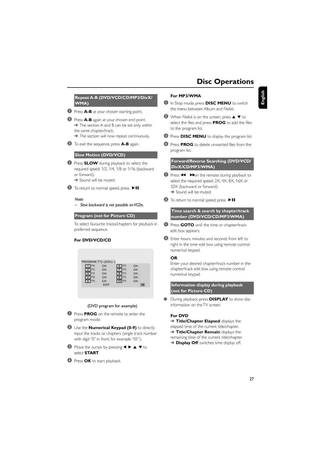 Philips MCD908/37 owner manual Repeat A-B DVD/VCD/CD/MP3/DivX, Slow Motion DVD/VCD, Program not for Picture CD 