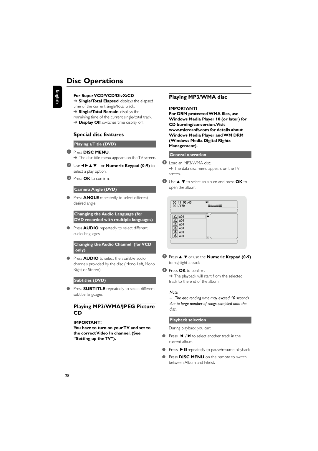 Philips MCD908/37 owner manual Special disc features, Playing MP3/WMA/JPEG Picture, Playing MP3/WMA disc 