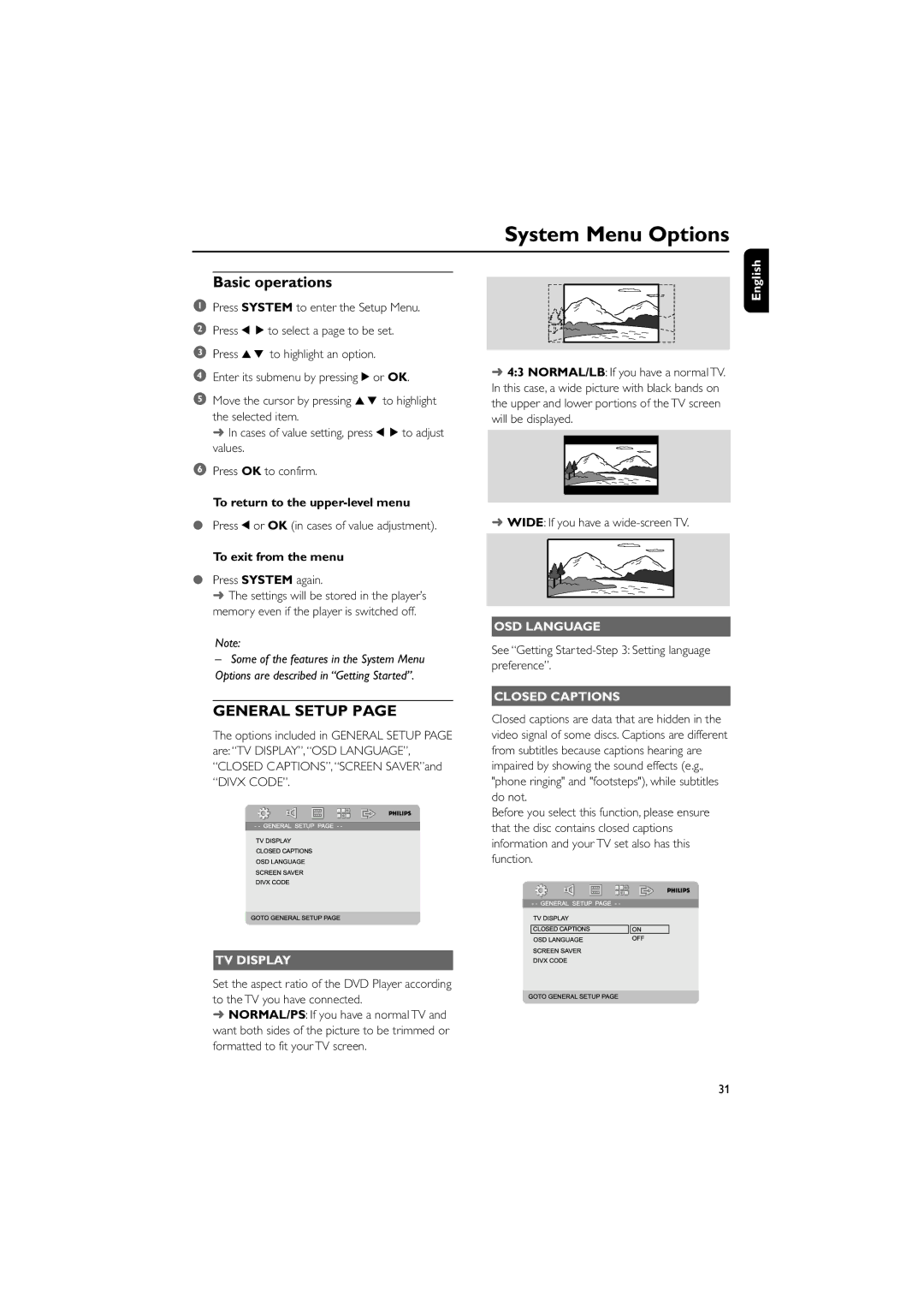 Philips MCD908/37 owner manual System Menu Options, Basic operations, TV Display, OSD Language, Closed Captions 