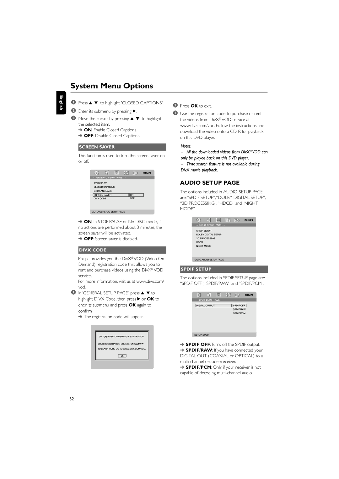 Philips MCD908/37 owner manual Screen Saver, Divx Code, Spdif Setup 