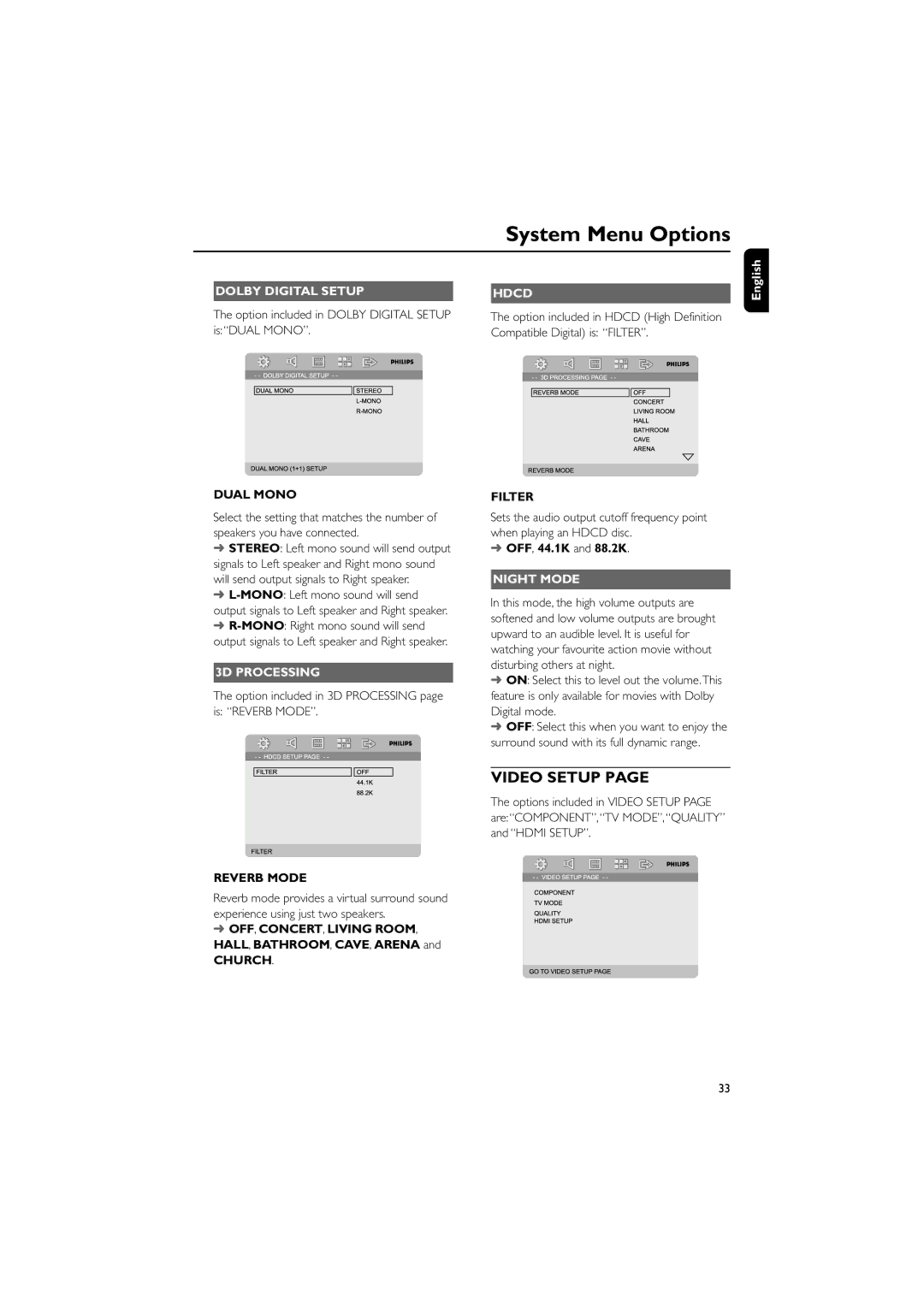 Philips MCD908/37 owner manual Dolby Digital Setup, 3D Processing, Hdcd, Night Mode 