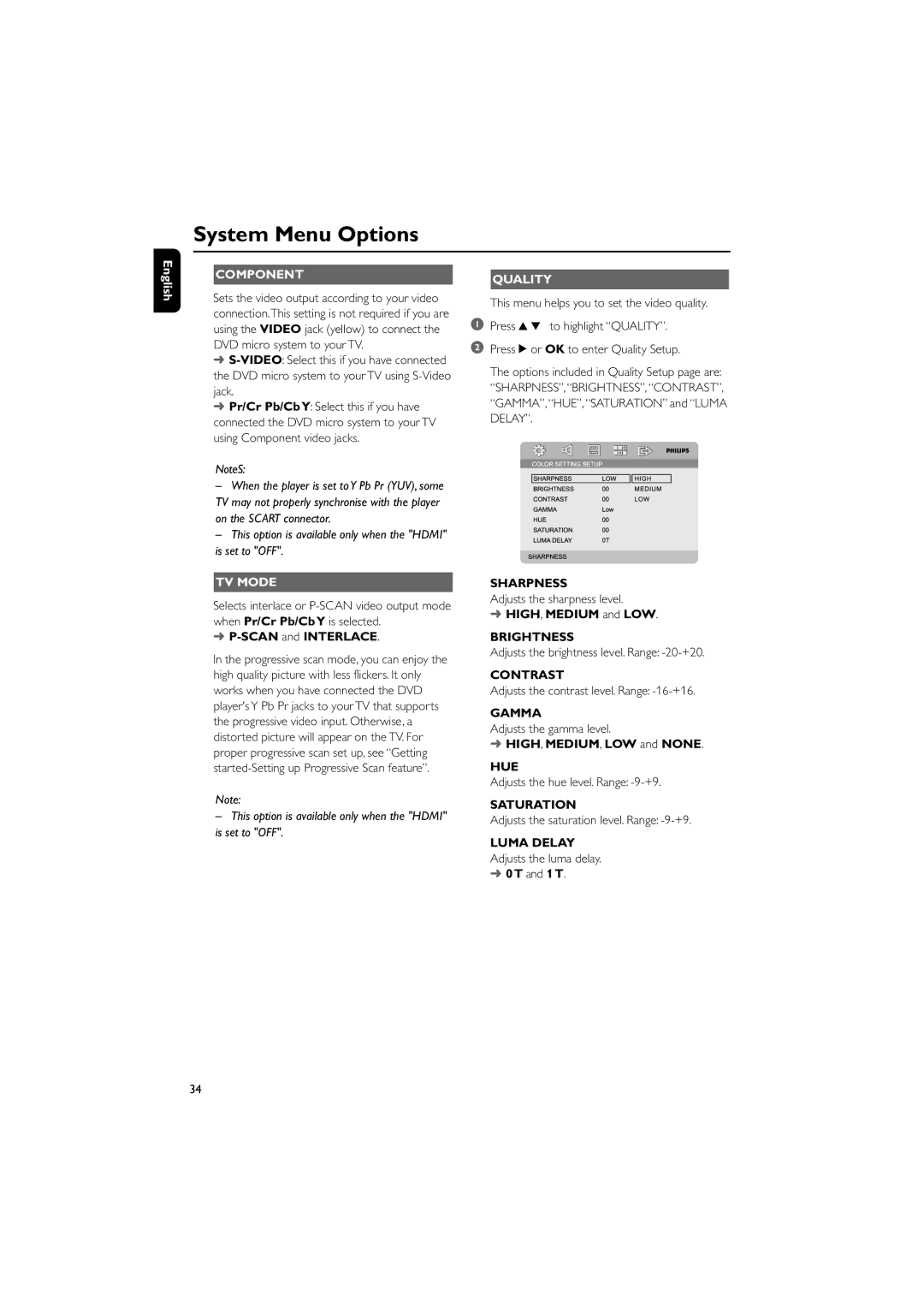 Philips MCD908/37 owner manual Component, TV Mode, Quality 