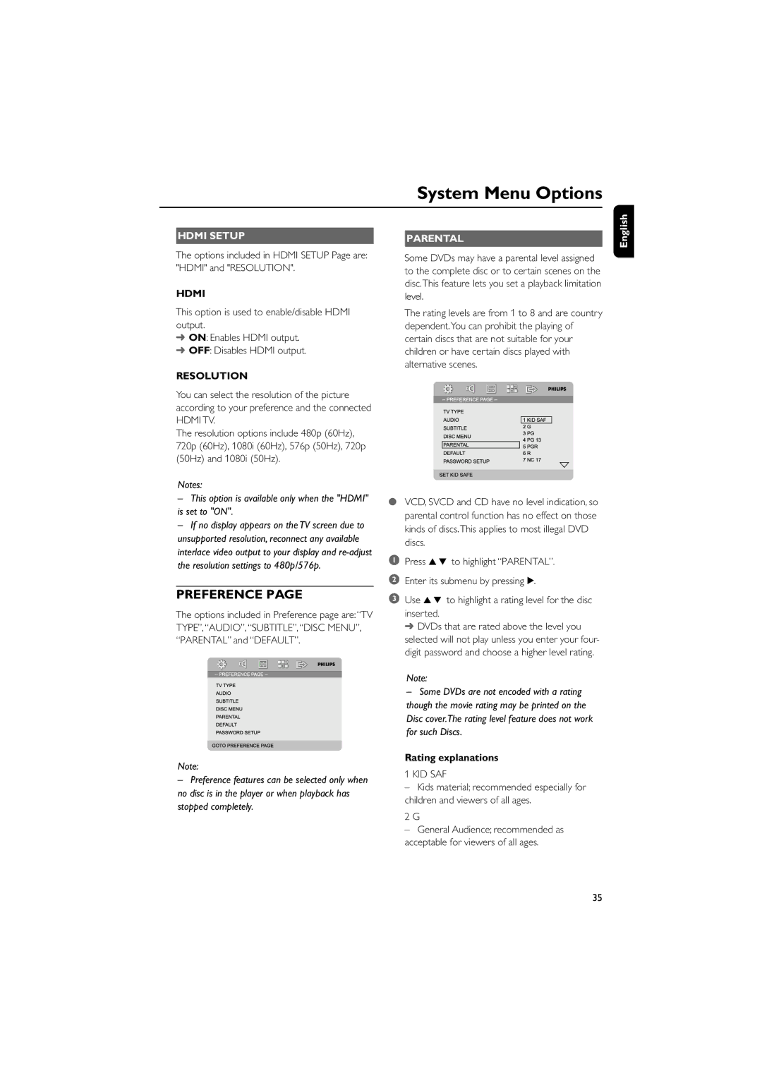 Philips MCD908/37 owner manual Hdmi Setup, Resolution, Parental, Rating explanations 