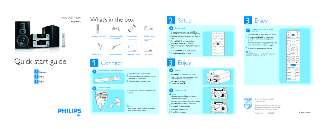 Philips MCD909/12 quick start Setup, Enjoy, Connect 