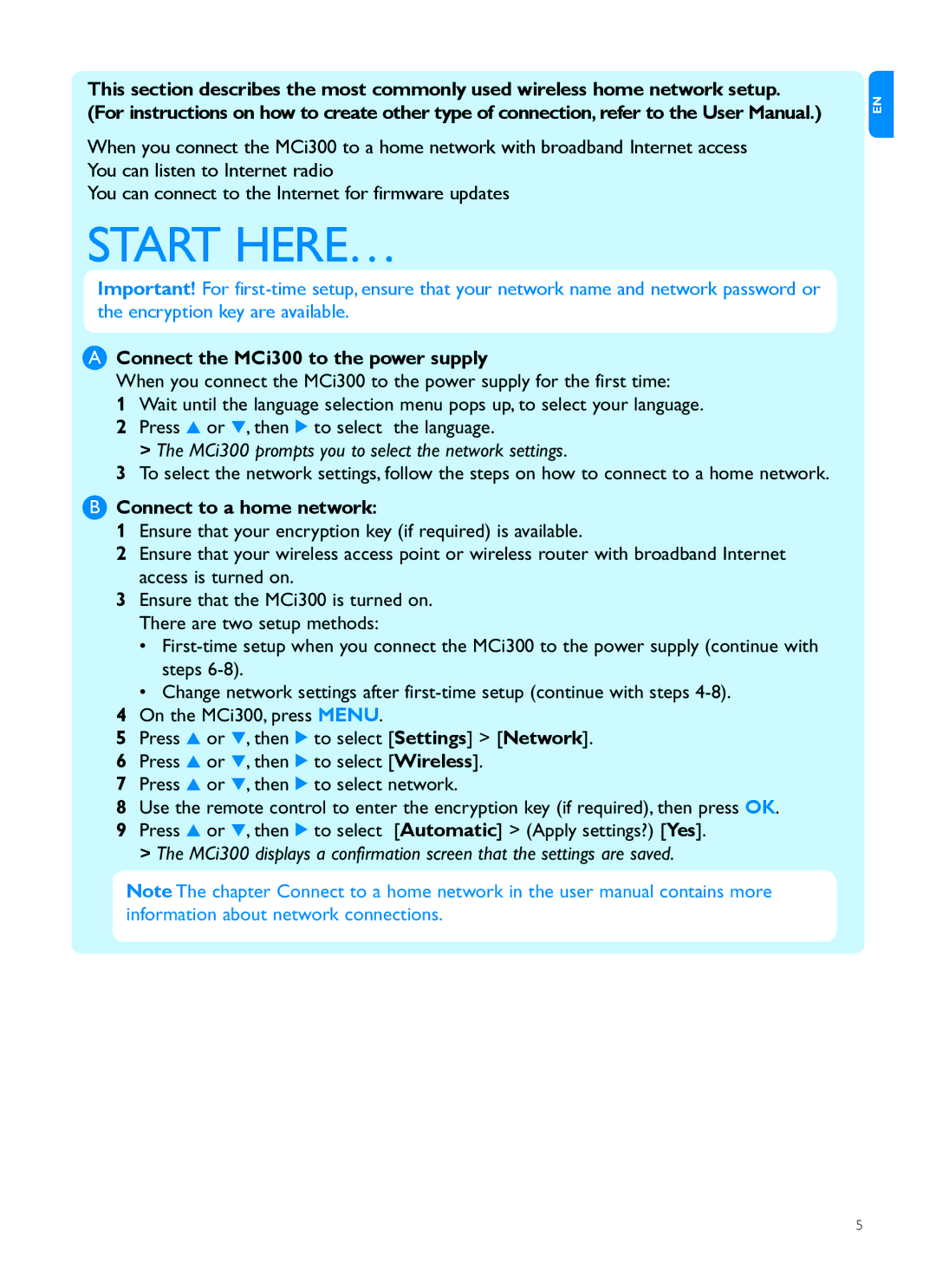 Philips MCI300 quick start Start HERE…, Connect to a home network 