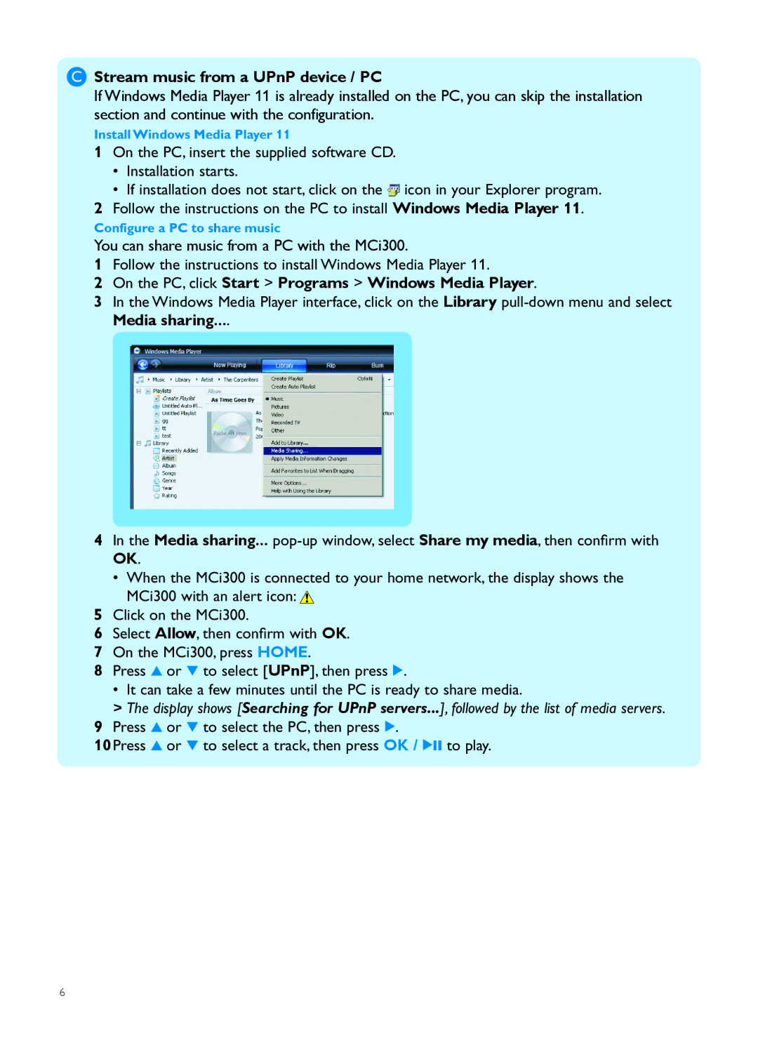 Philips MCI300 Stream music from a UPnP device / PC, On the PC, click Start Programs Windows Media Player, Media sharing 