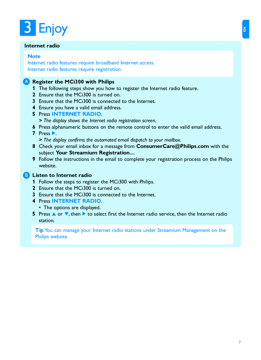 Philips MCI300 quick start Enjoy, Register the MCi300 with Philips, Listen to Internet radio 