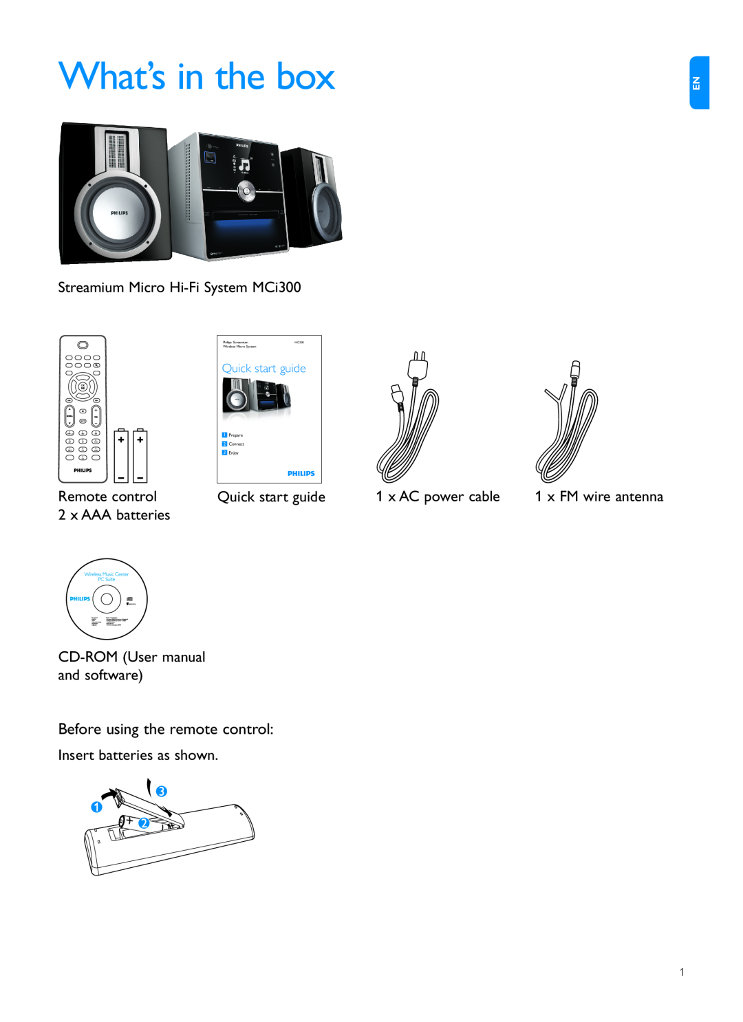 Philips MCI300 What’s in the box, Quick start guide, Prepare, Connect, Enjoy, Philips Streamium, Wireless Micro System 