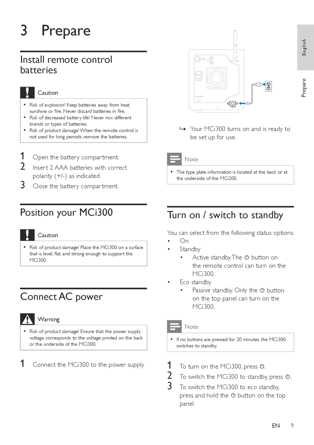 Philips MCI300/12, MCI300/05 user manual Prepare, Install remote control batteries, Position your MCi300, Connect AC power 