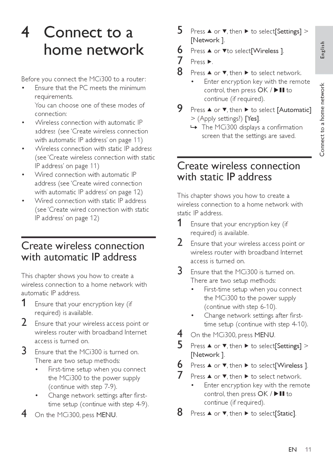 Philips MCI300/12, MCI300/05 On the MCi300, pess Menu Press Then, Network Press To selectWireless Then To select network 