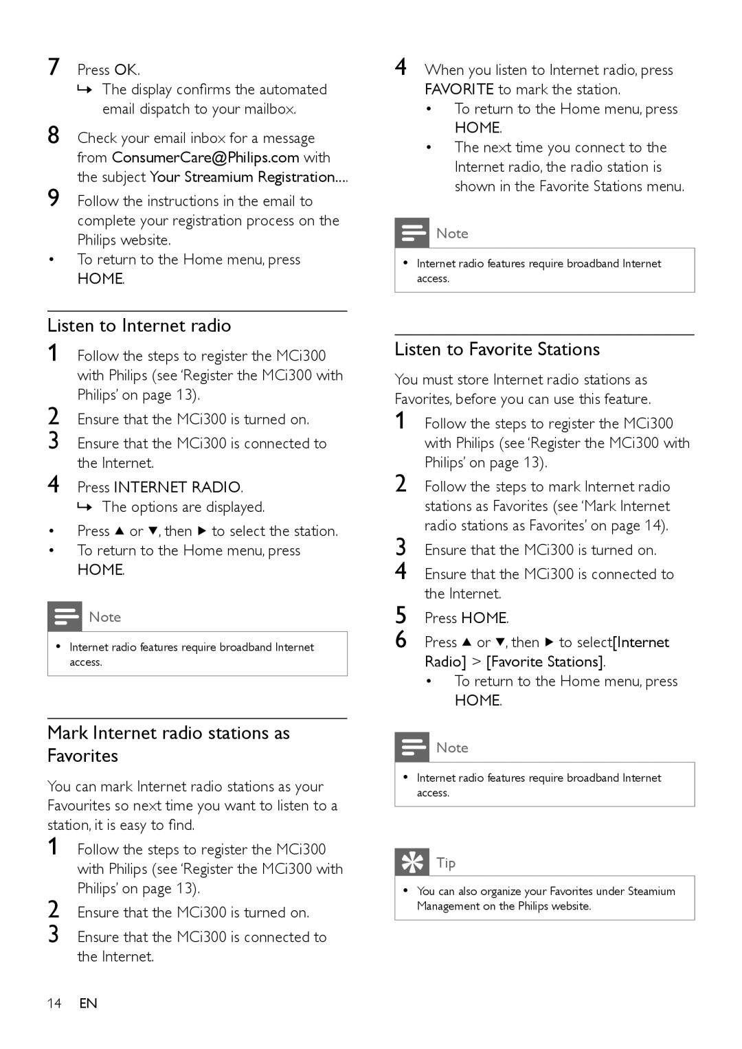 Philips MCI300/05 Listen to Internet radio, Mark Internet radio stations as Favorites, Listen to Favorite Stations 