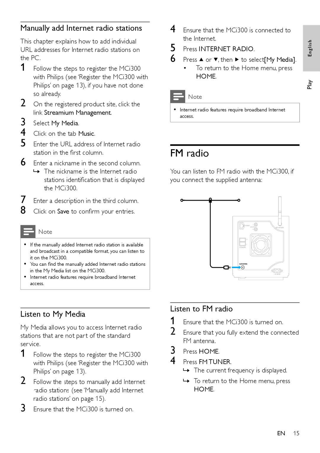 Philips MCI300/12, MCI300/05 user manual Manually add Internet radio stations, Listen to My Media, Listen to FM radio 