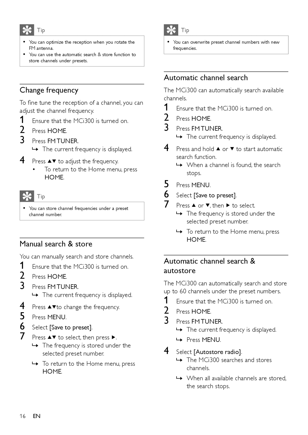 Philips MCI300/05, MCI300/12 user manual Change frequency, Manual search & store, Automatic channel search 