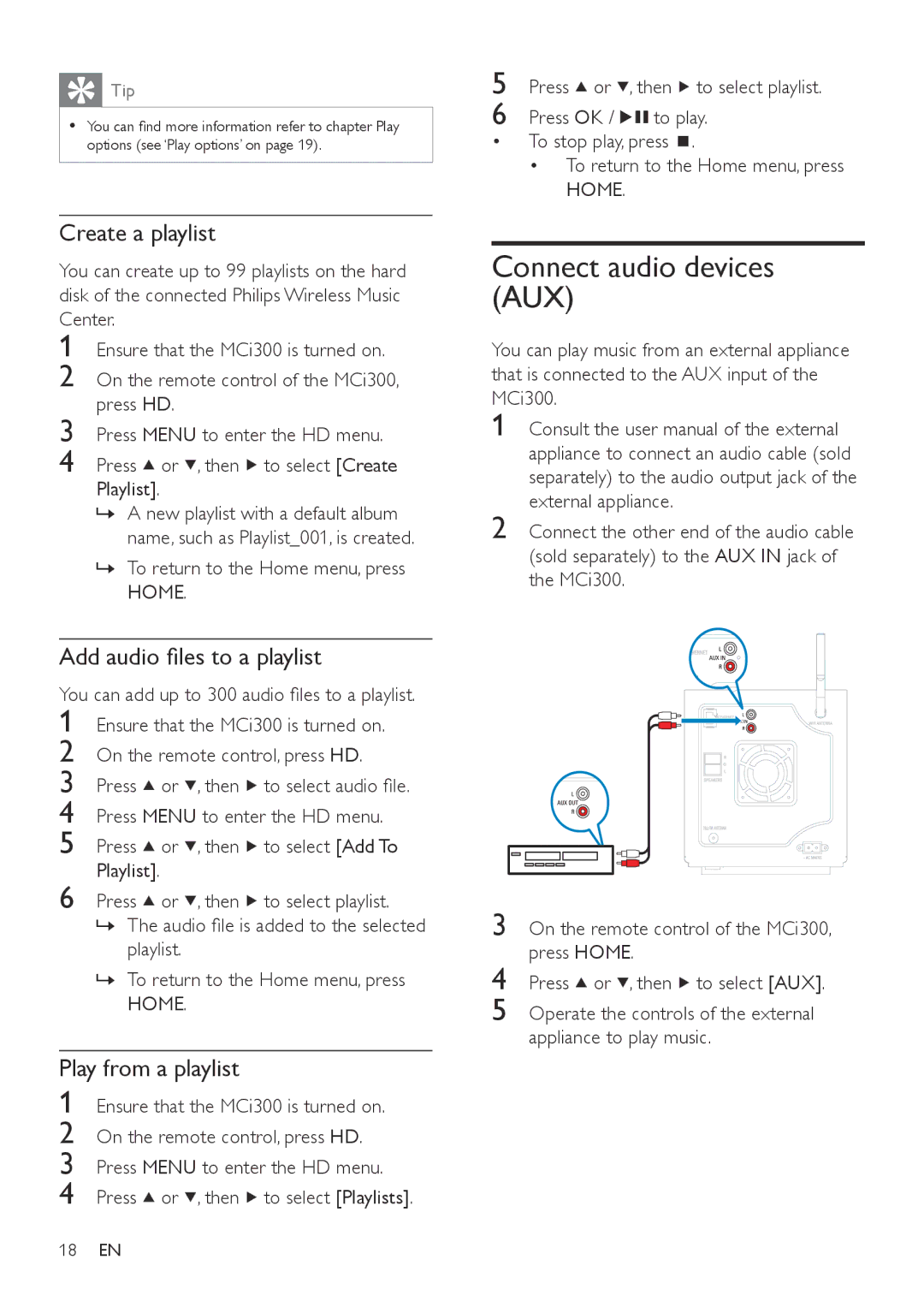 Philips MCI300/05, MCI300/12 user manual Connect audio devices AUX 