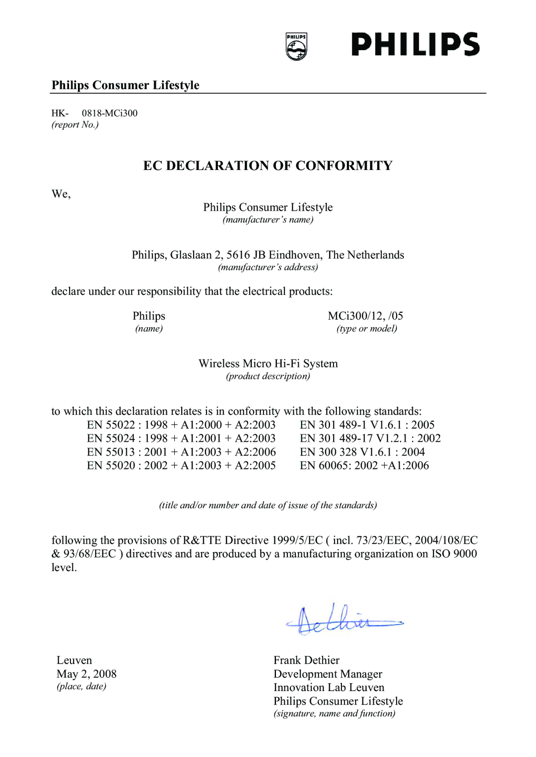 Philips MCI300/12, MCI300/05 user manual EC Declaration of Conformity 