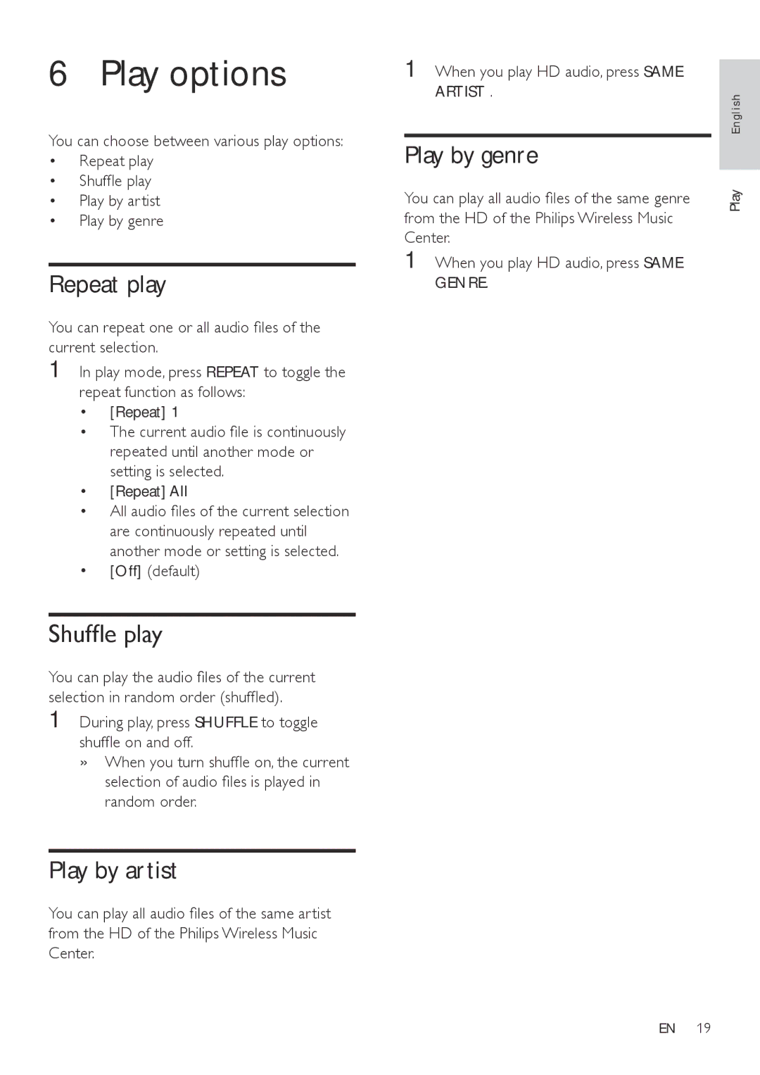 Philips MCI300/12, MCI300/05 user manual Play options, Repeat play, Shuffle play, Play by artist 