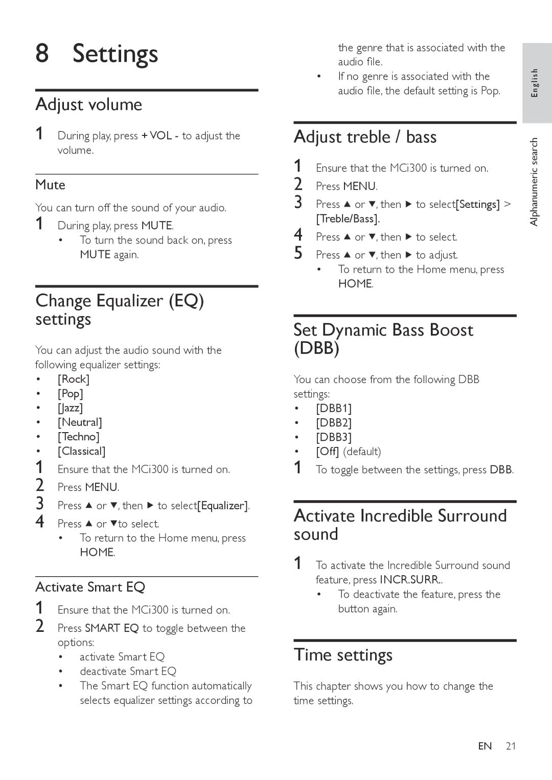 Philips MCI300/12, MCI300/05 user manual Settings 