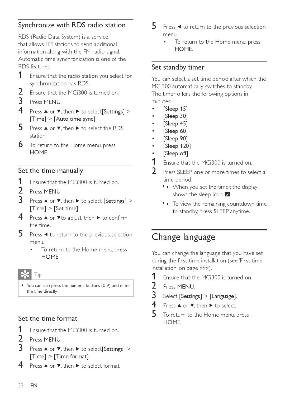 Philips MCI300/05 Change language, Synchronize with RDS radio station, Set the time manually, Set the time format 