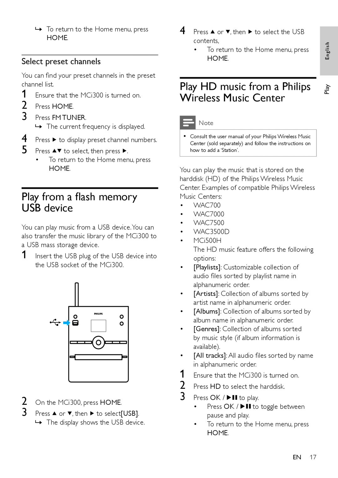 Philips MCI300/12, MCI300/05 user manual Play from a flash memory USB device, Select preset channels 