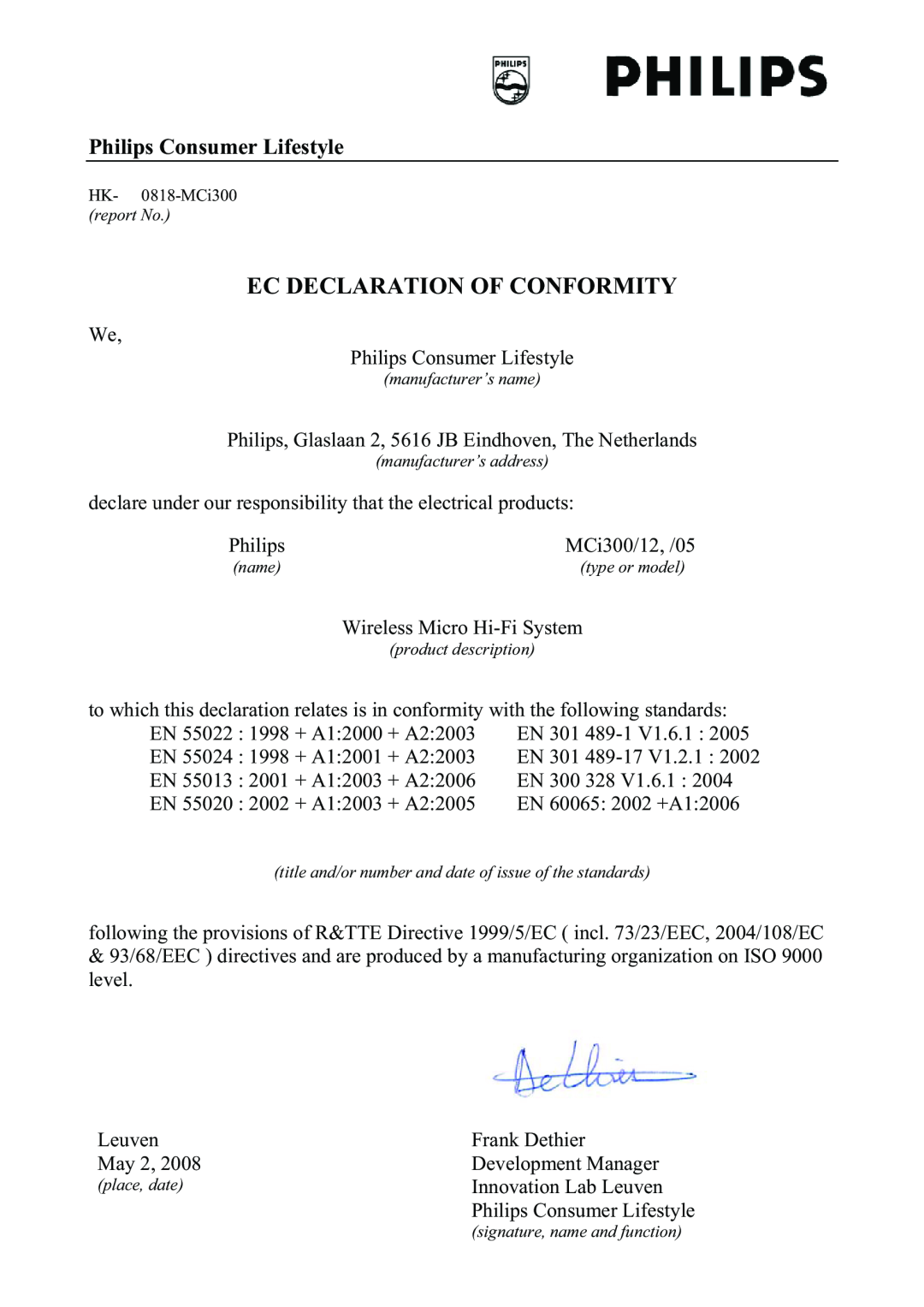 Philips MCI300/12, MCI300/05 user manual Ec Declaration Of Conformity, Philips Consumer Lifestyle, MCi300/12, /05 