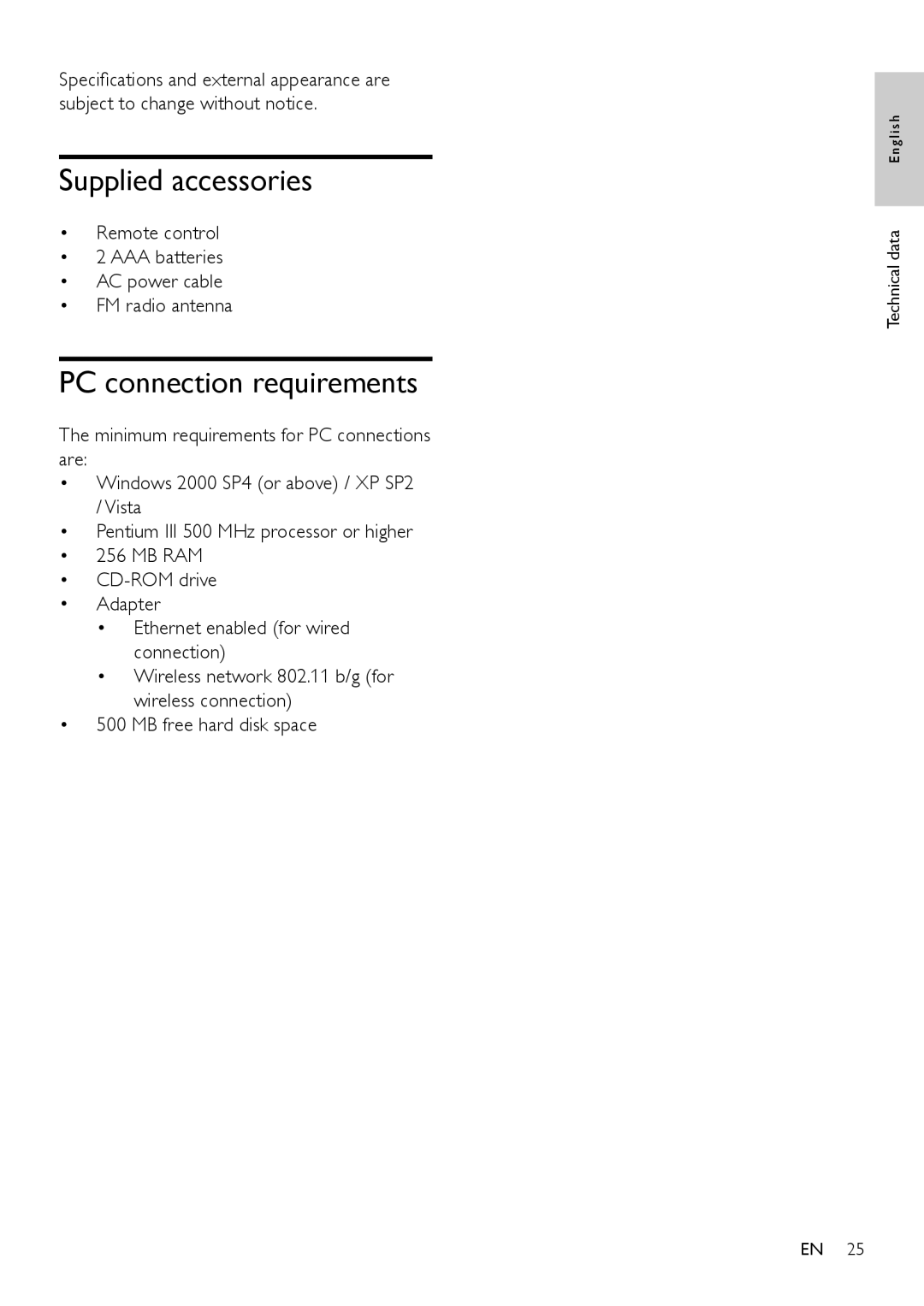 Philips MCI300/12, MCI300/05 user manual Supplied accessories, PC connection requirements 