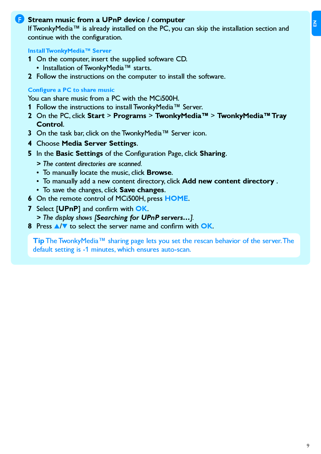 Philips MCi500H quick start Stream music from a UPnP device / computer, Choose Media Server Settings 