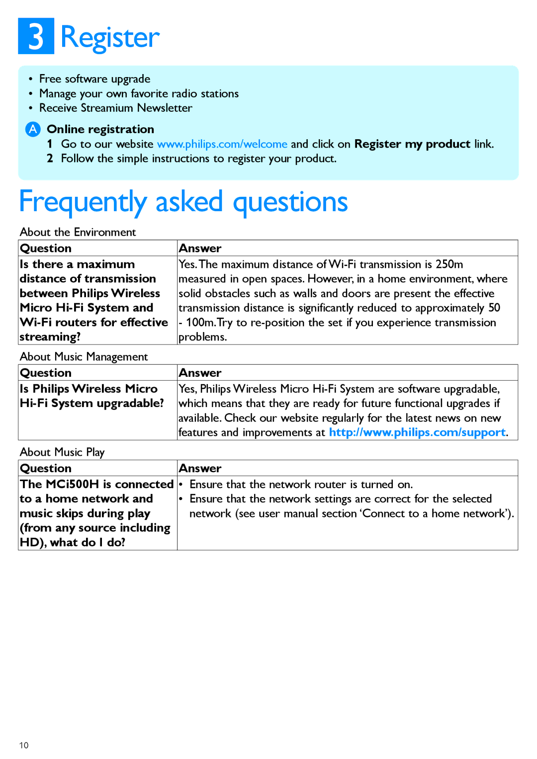 Philips MCi500H quick start Register, Frequently asked questions 