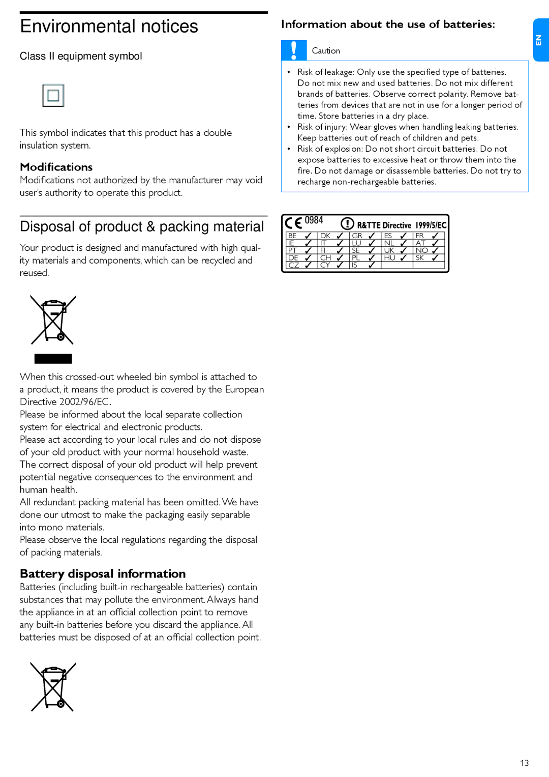 Philips MCi500H quick start Environmental notices, Battery disposal information 