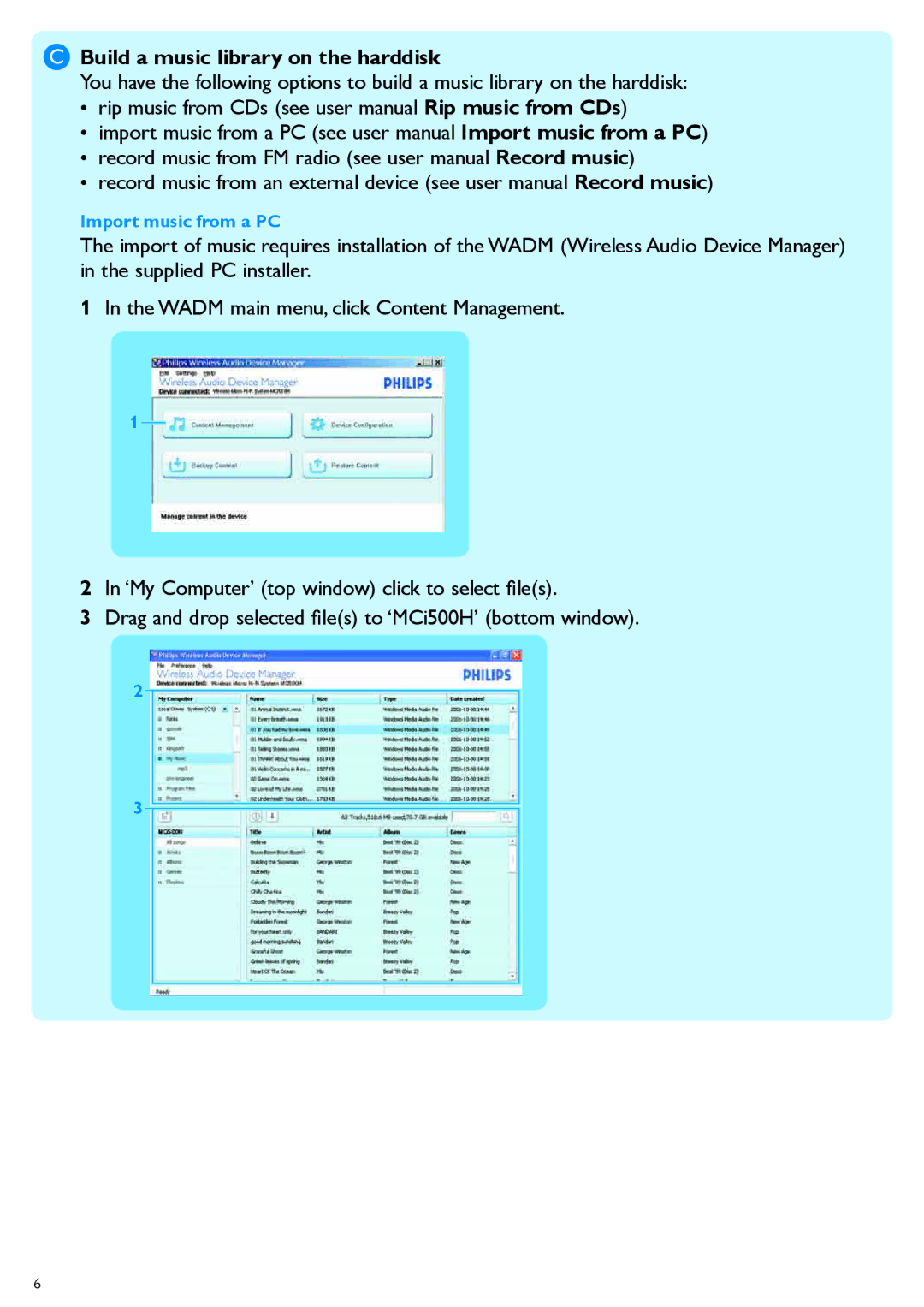 Philips MCi500H quick start Build a music library on the harddisk 