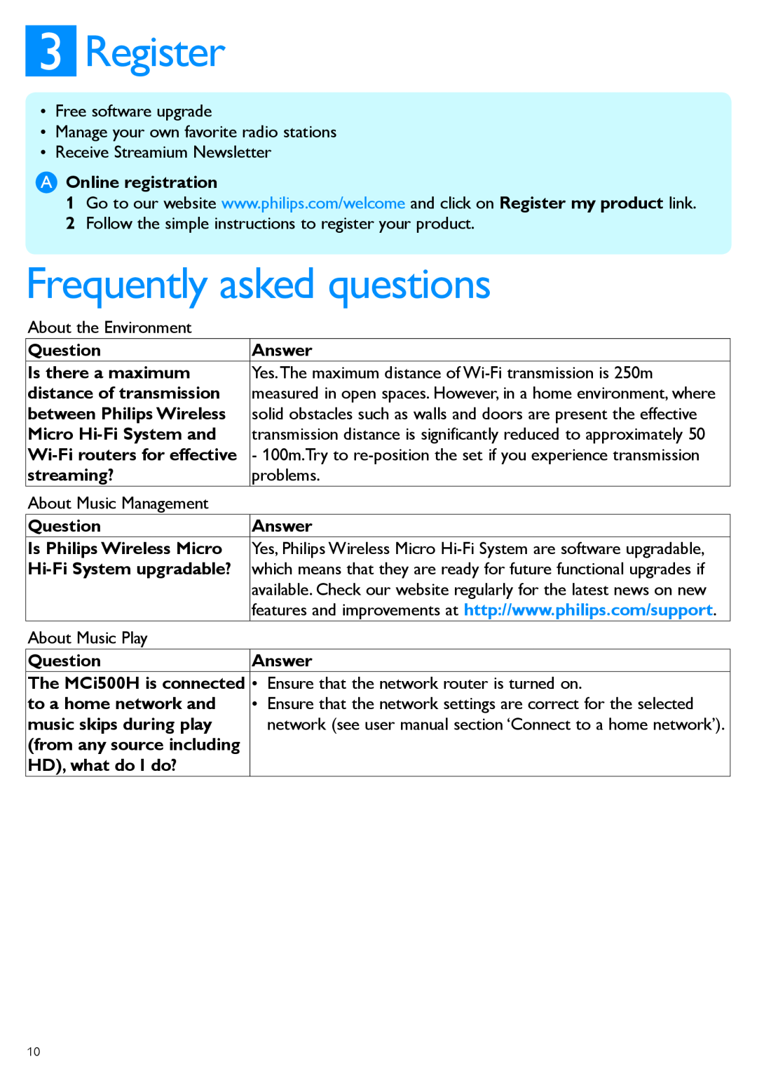 Philips MCi500H Register, Frequently asked questions, A Online registration, About the Environment, Question, Answer 