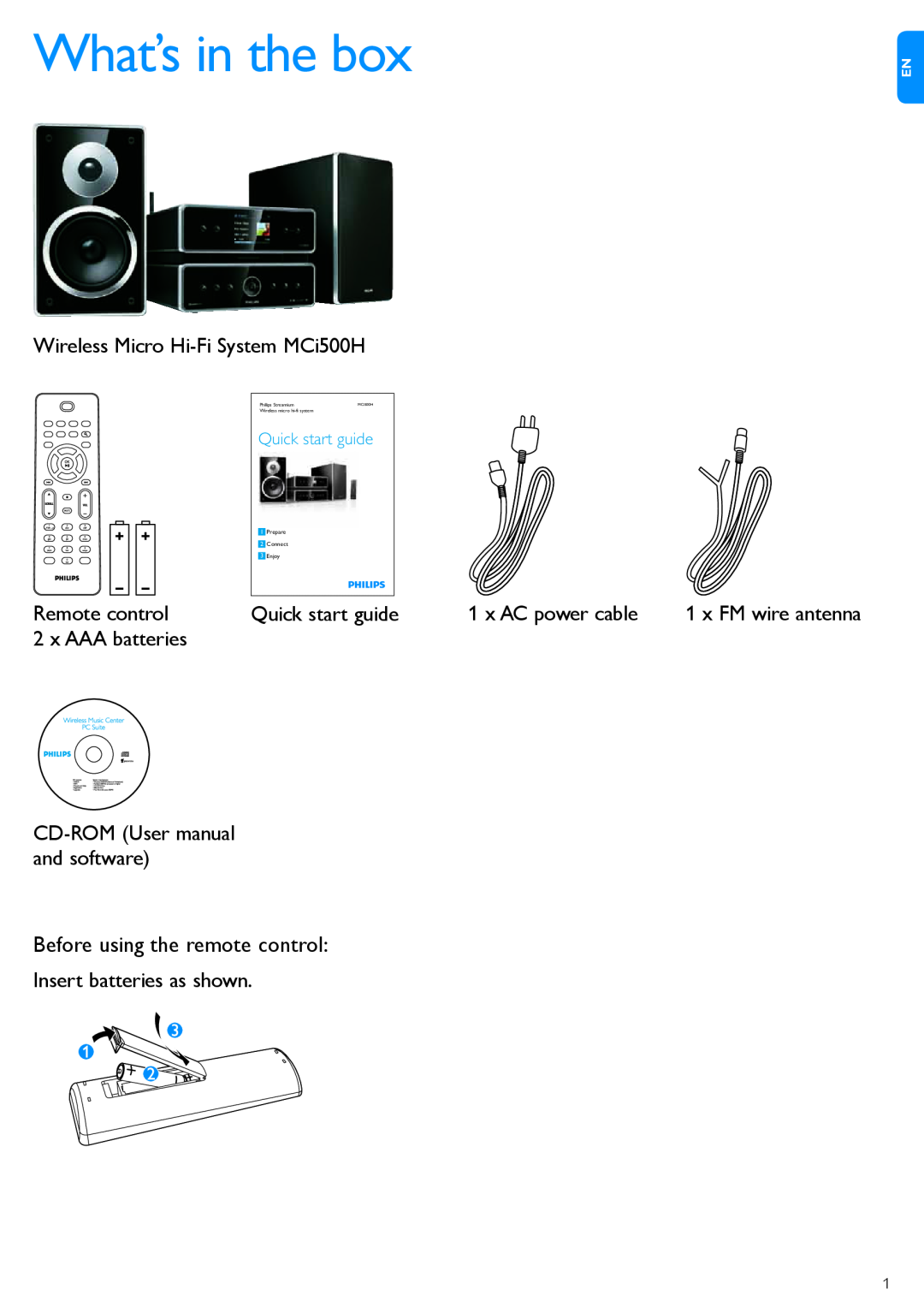 Philips MCi500H What’s in the box, Quick start guide, Prepare, Enjoy, Philips Streamium, Wireless micro hi-fi system 