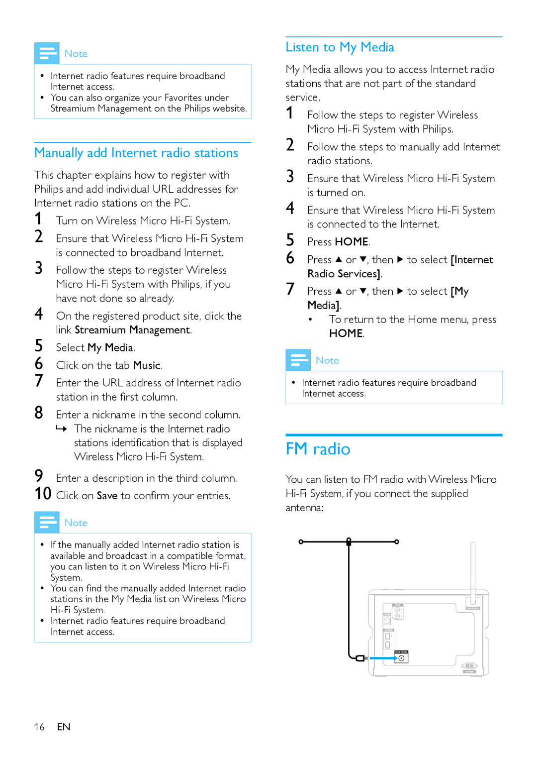 Philips HK-0948-MCi500H-FR, MCi500H/12, MCi500H/05 FM radio, Manually add Internet radio stations, Listen to My Media 