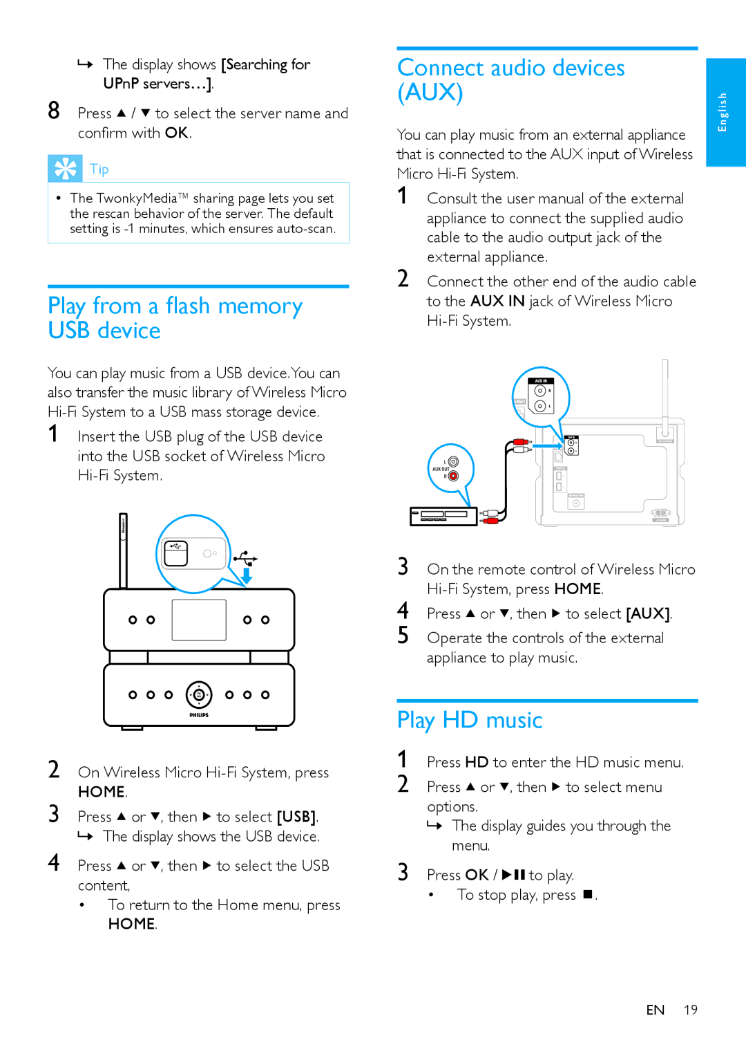 Philips MCi500H/05, MCi500H/12, 544-9056 Play from a flash memory USB device, Connect audio devices, Play HD music 