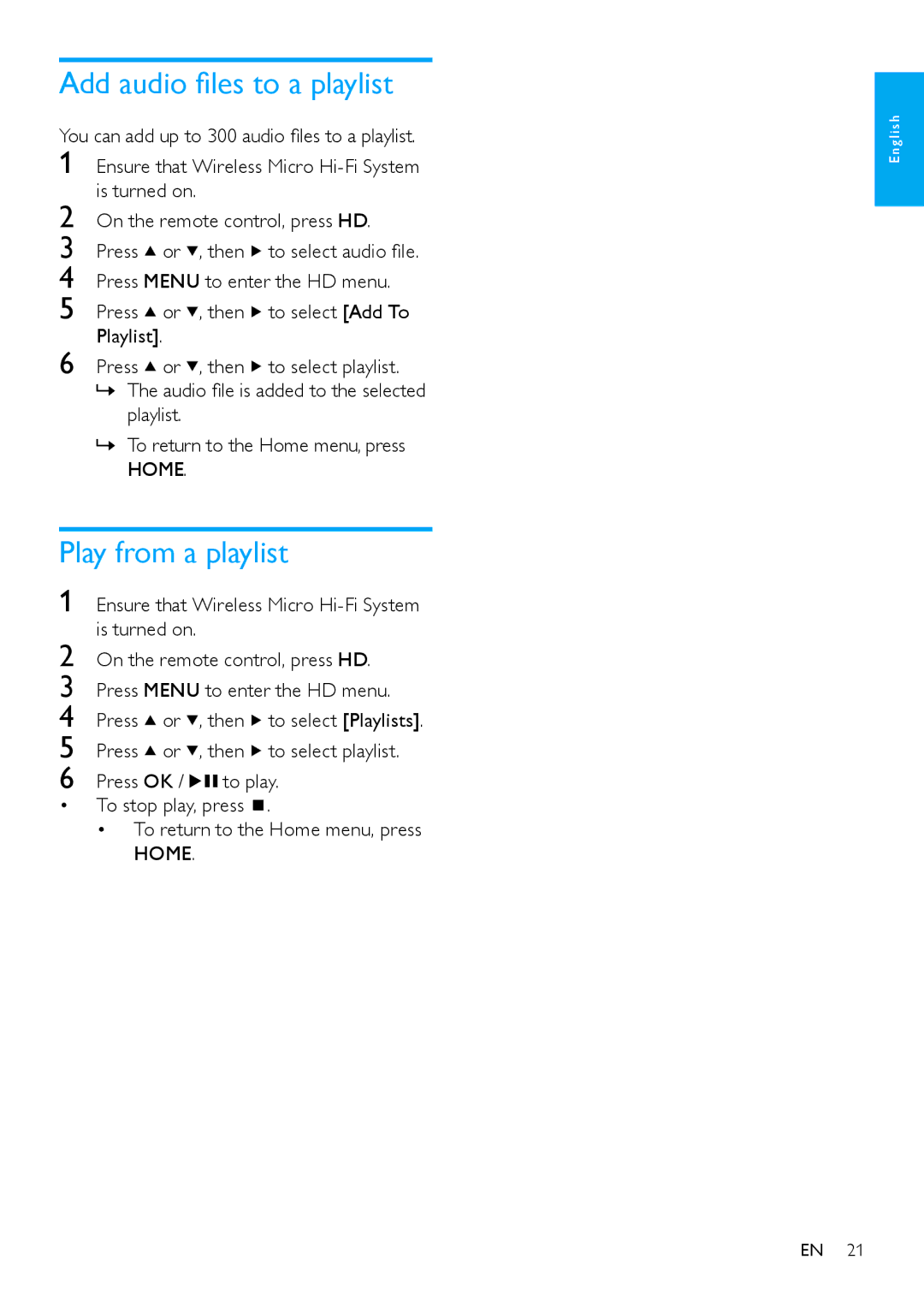 Philips 544-9056 user manual Add audio files to a playlist, Play from a playlist, Press or , then to select Add To Playlist 