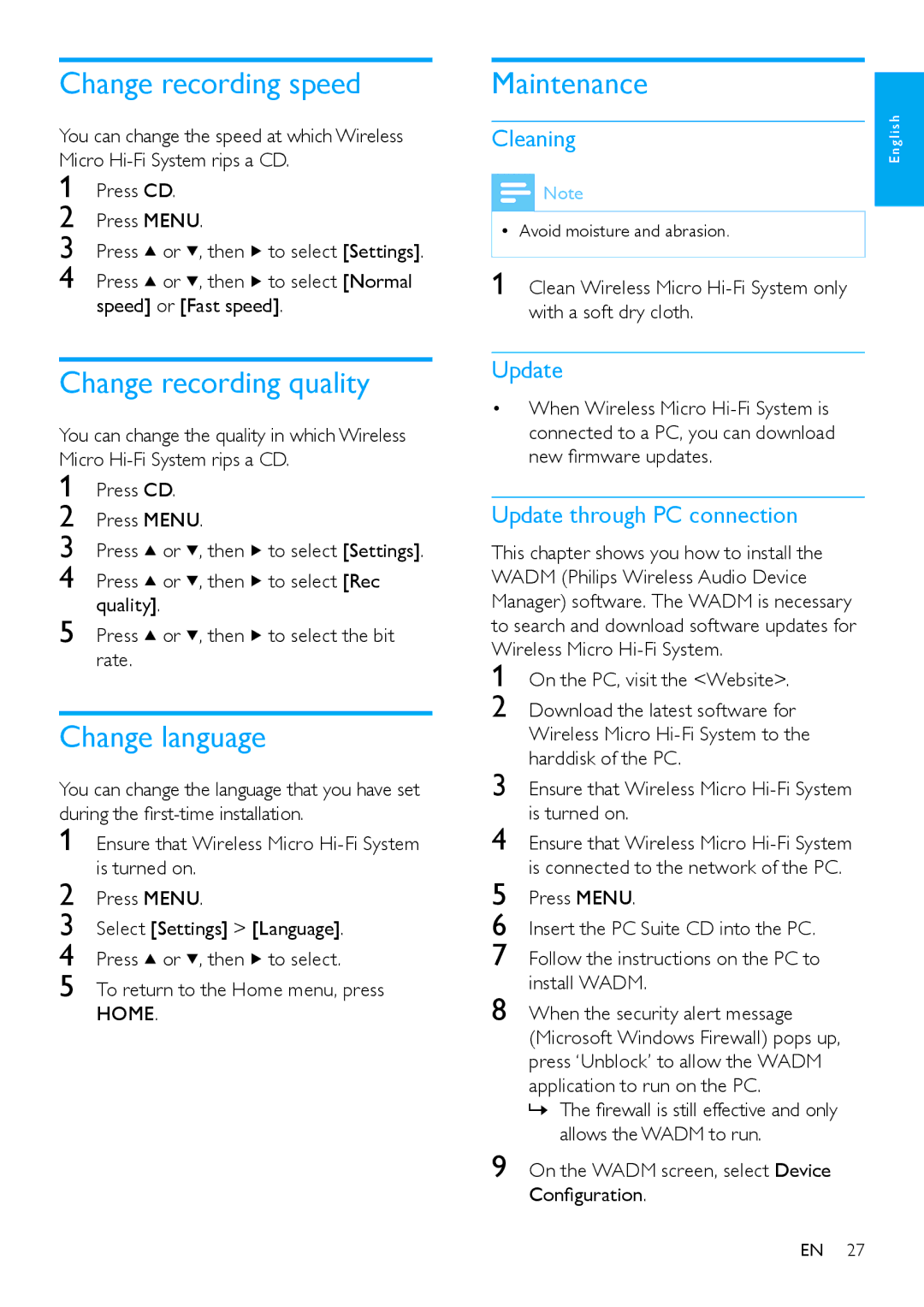 Philips MCi500H/05, MCi500H/12, 544-9056 Change recording speed, Change recording quality, Change language, Maintenance 