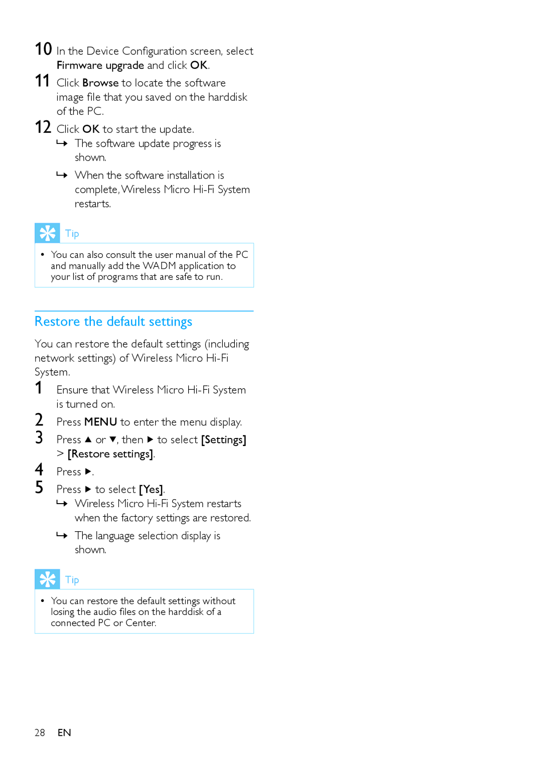 Philips HK-0948-MCi500H-FR, MCi500H/12, MCi500H/05 Restore the default settings, »» The language selection display is shown 