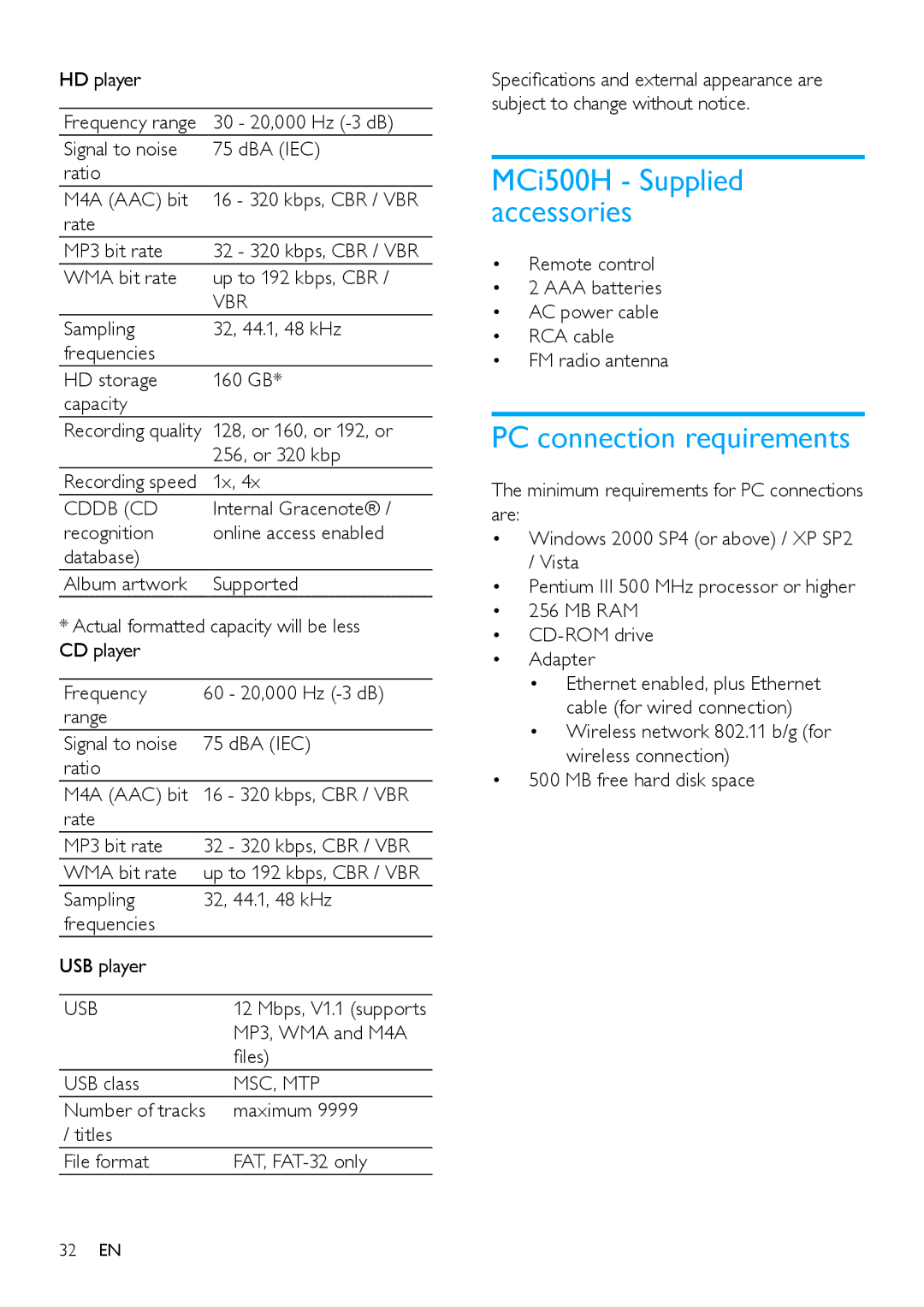 Philips HK-0948-MCi500H-FR, MCi500H/12, MCi500H/05, 544-9056 PC connection requirements, Vbr, Cddb CD, Usb, Msc, Mtp 