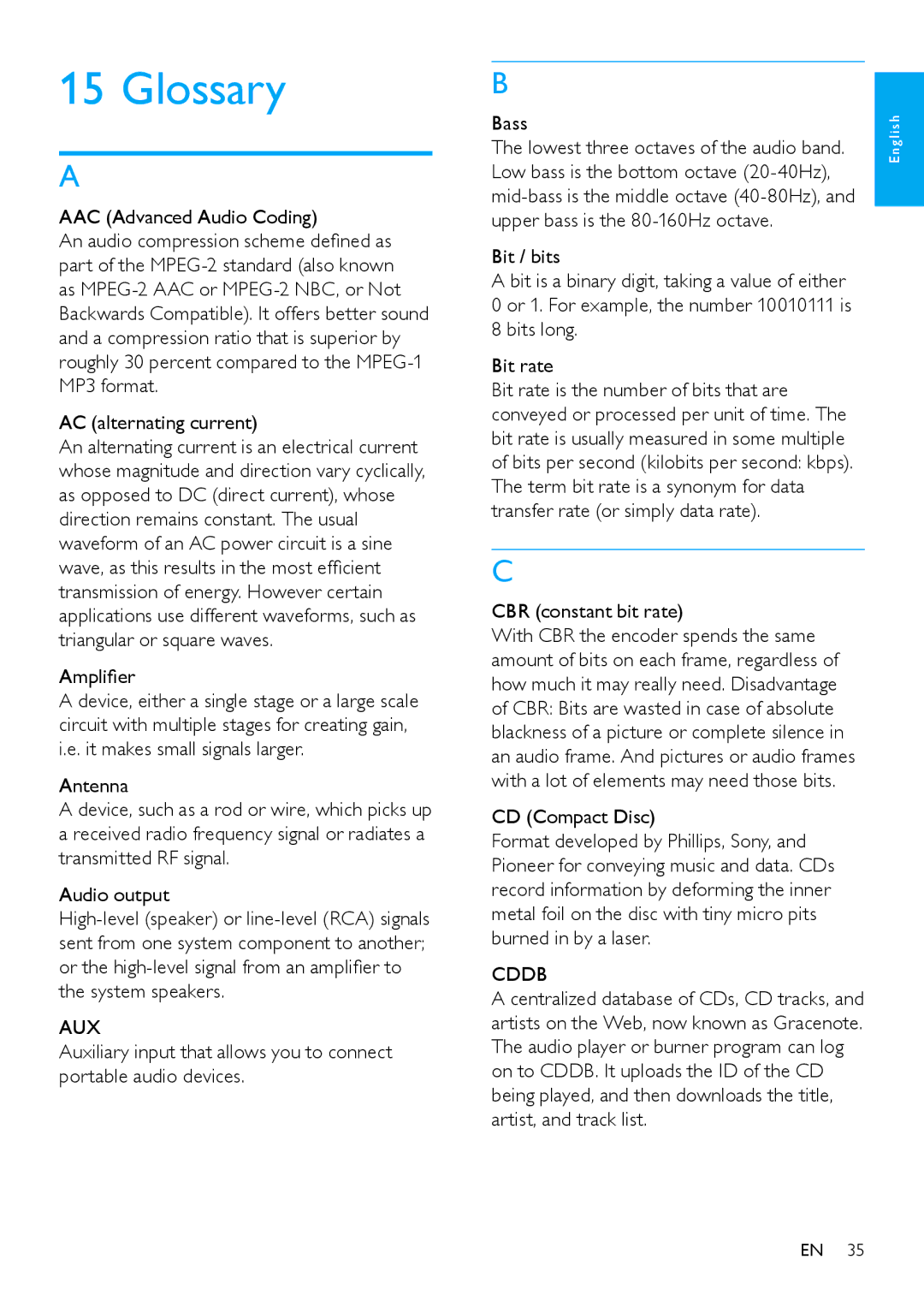 Philips MCi500H/05, MCi500H/12, HK-0948-MCi500H-FR Glossary, Amplifier, CBR constant bit rate, CD Compact Disc, Cddb 