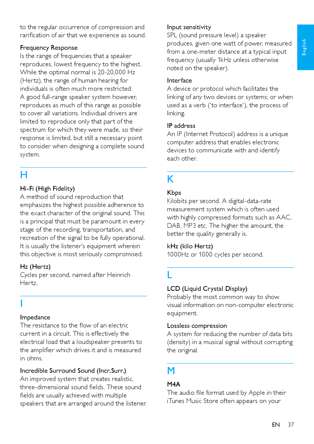 Philips 544-9056, MCi500H/12, MCi500H/05, HK-0948-MCi500H-FR user manual Frequency Response, Hi-Fi High Fidelity, M4A 