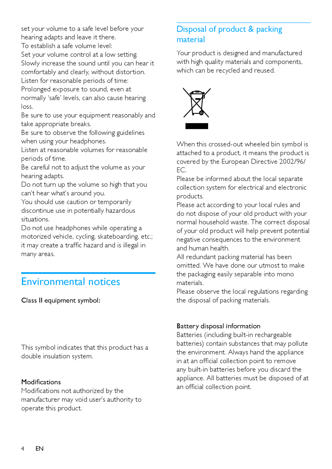 Philips HK-0948-MCi500H-FR Environmental notices, Disposal of product & packing material, Battery disposal information 