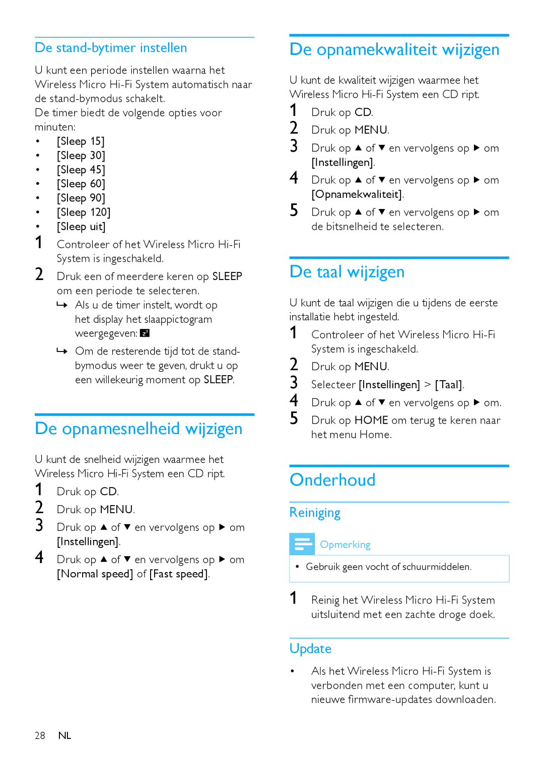 Philips MCi500H/12, MCi500H/05 manual De opnamesnelheid wijzigen, De opnamekwaliteit wijzigen, De taal wijzigen, Onderhoud 