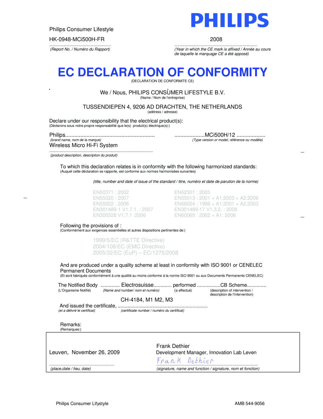 Philips MCi500H/12 Ec Declaration Of Conformity, Philips Consumer Lifestyle, HK-0948-MCi500H-FR, 2008, Leuven, November 