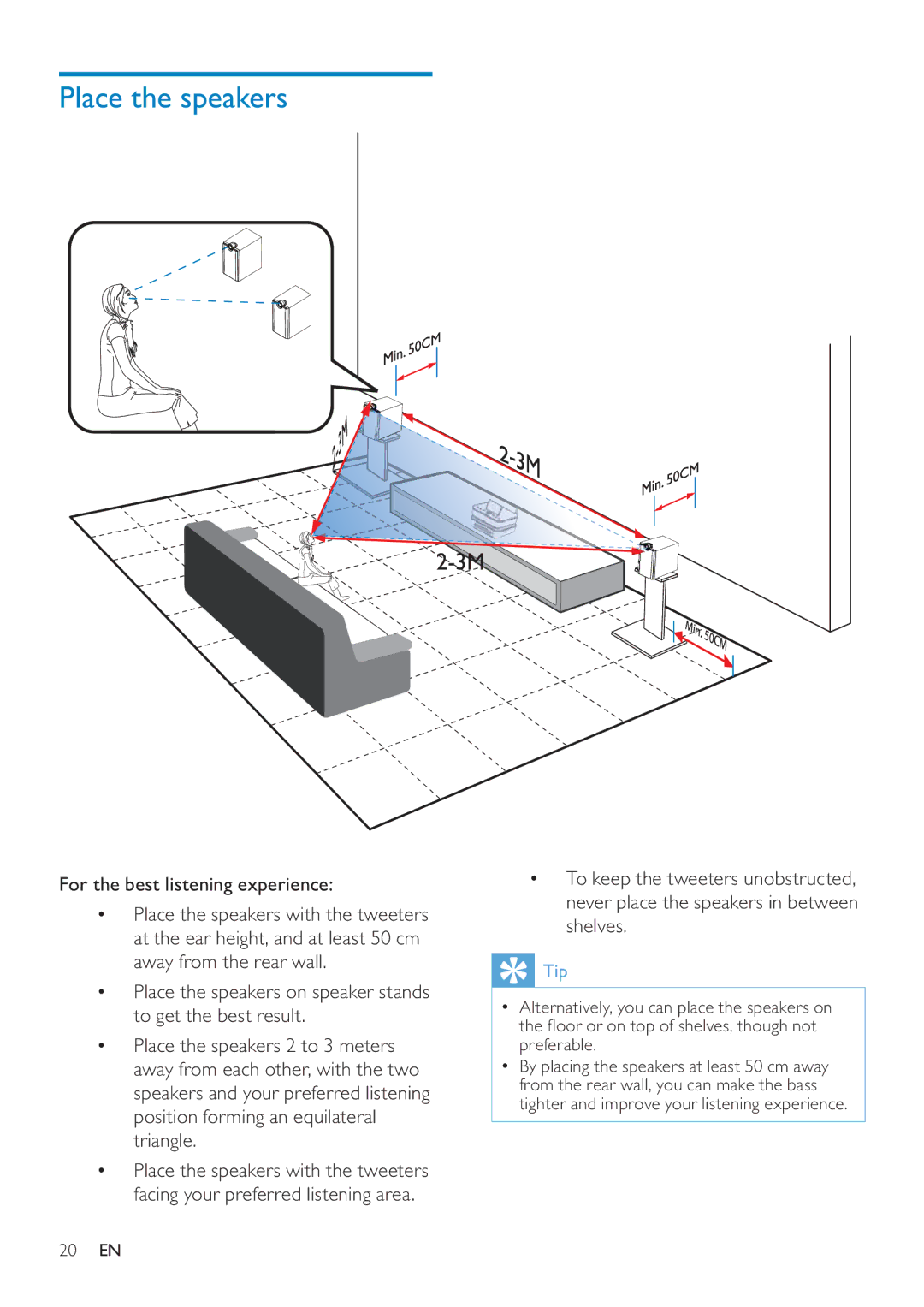 Philips MCI8080/12 user manual Place the speakers, For the best listening experience 