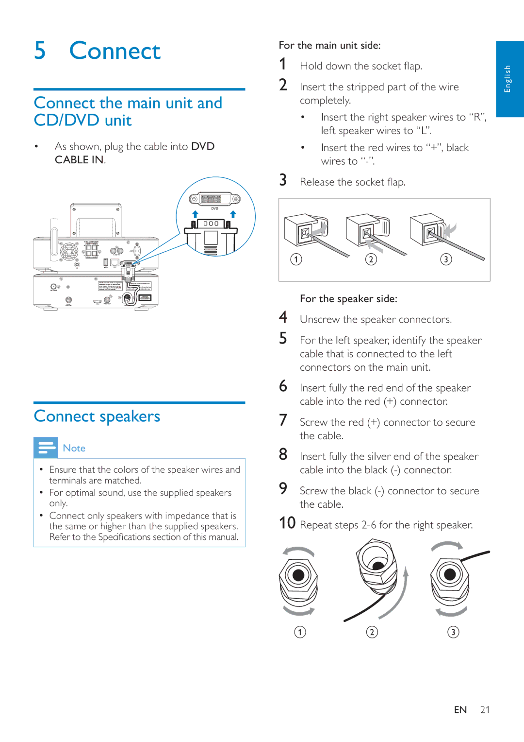 Philips MCI8080/12 user manual Connect the main unit and CD/DVD unit, Connect speakers 