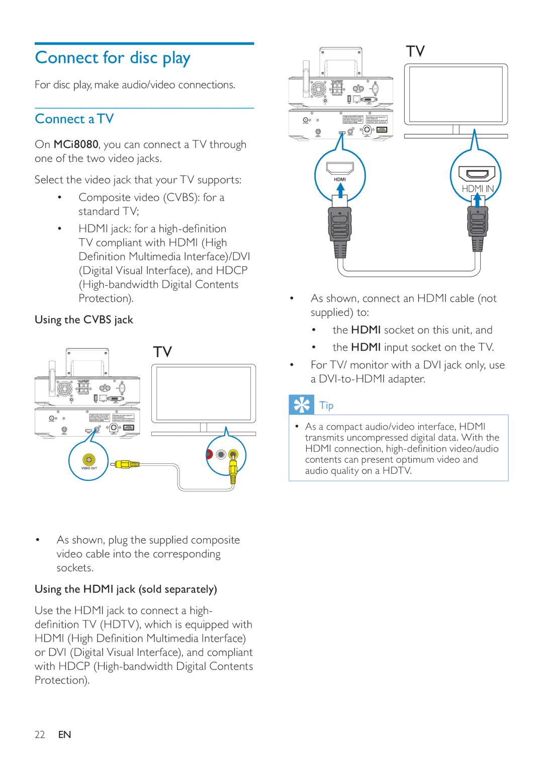 Philips MCI8080/12 user manual Connect for disc play, Connect a TV, For disc play, make audio/video connections 