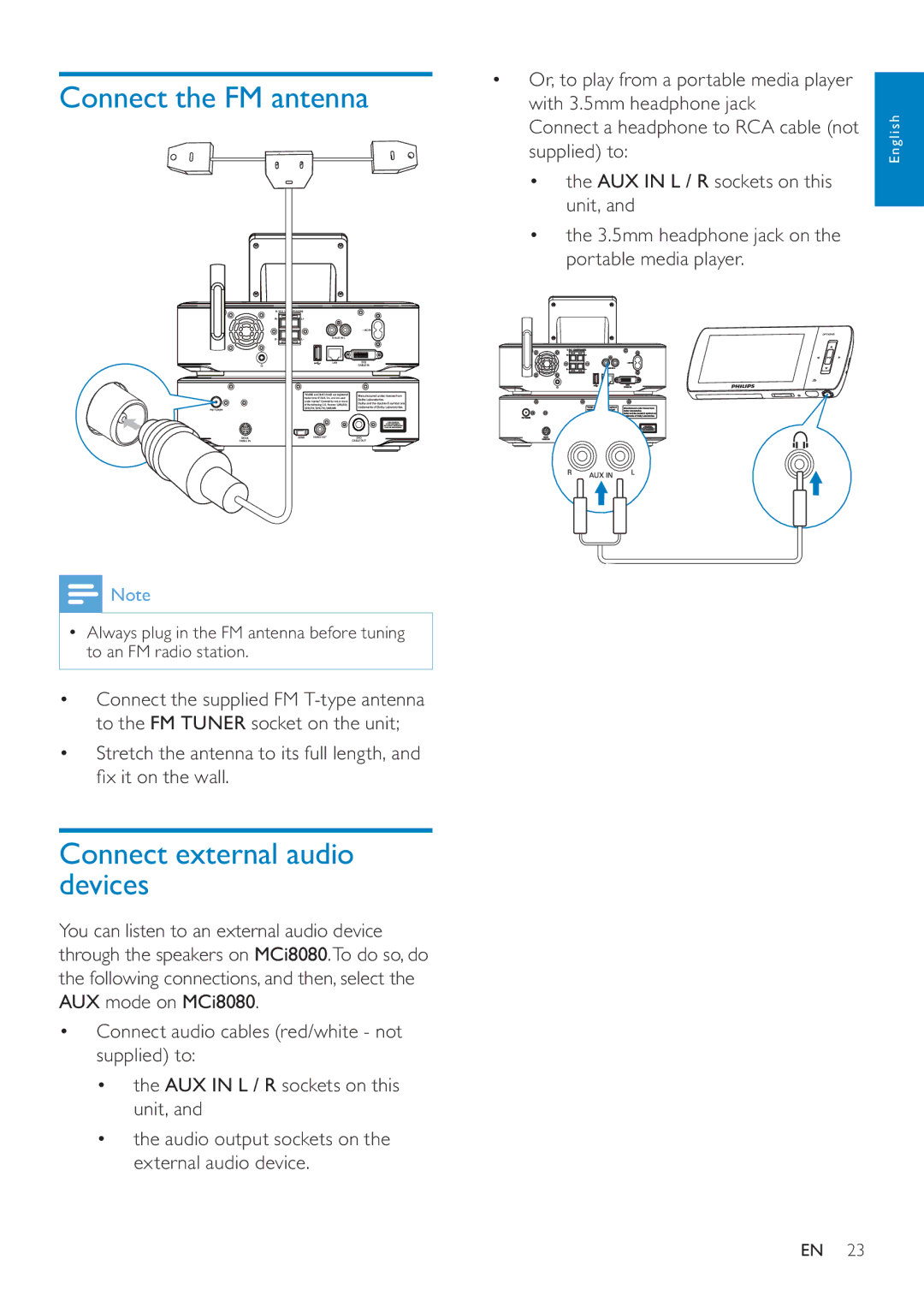 Philips MCI8080/12 user manual Connect the FM antenna, Connect external audio devices 